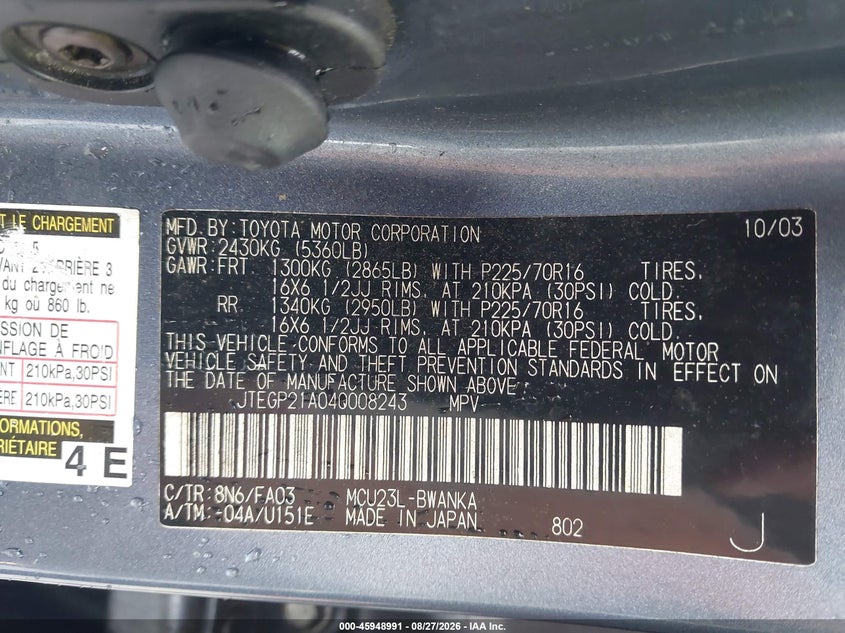TOYOTA HIGHLANDER 2004 VIN JTEGP21A040008243