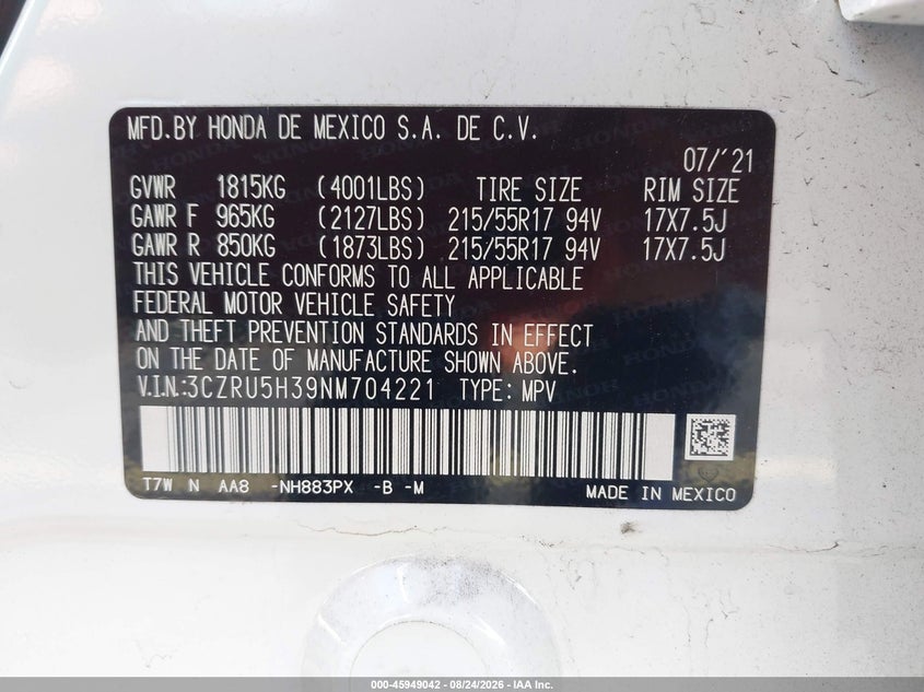 HONDA HR-V 2022 VIN 3CZRU5H39NM704221