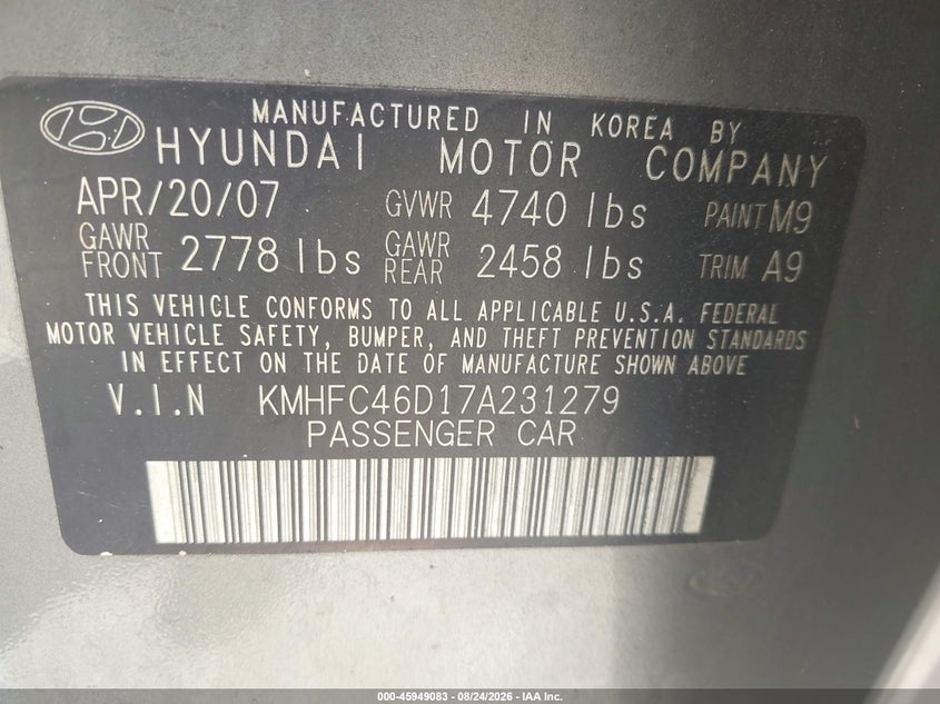 HYUNDAI AZERA 2007 VIN KMHFC46D17A231279