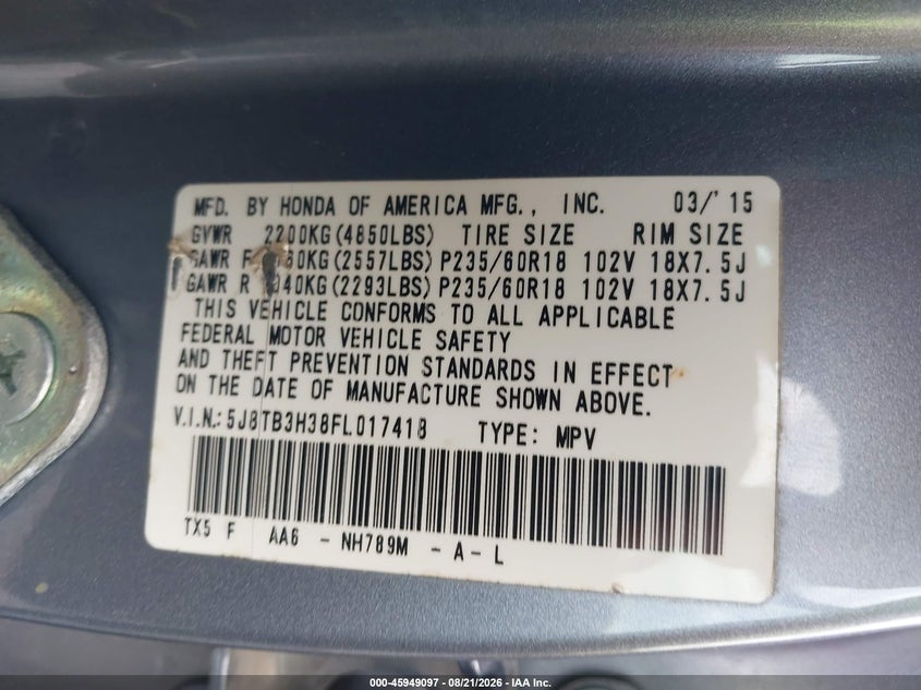 ACURA RDX 2015 VIN 5J8TB3H38FL017418
