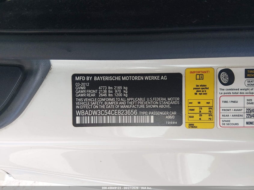 BMW 328I 2012 VIN WBADW3C54CE823656