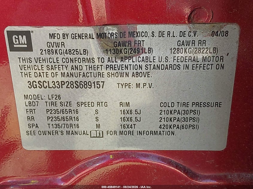 SATURN VUE 2008 VIN 3GSCL33P28S689157