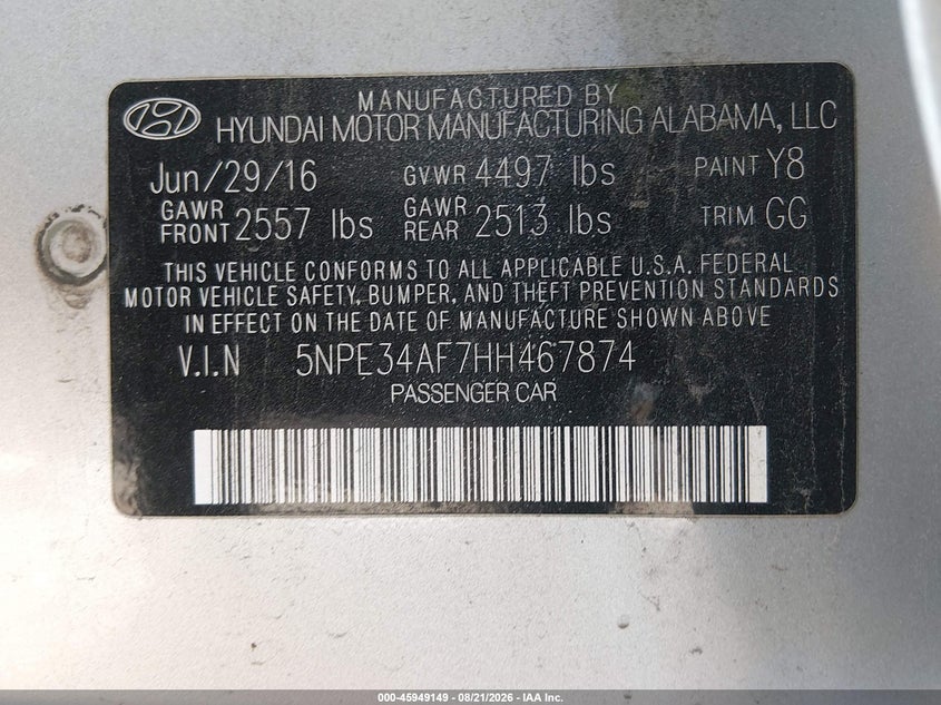 HYUNDAI SONATA 2017 VIN 5NPE34AF7HH467874