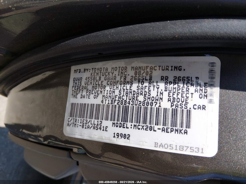 TOYOTA AVALON 2003 VIN 4T1BF28B43U280071