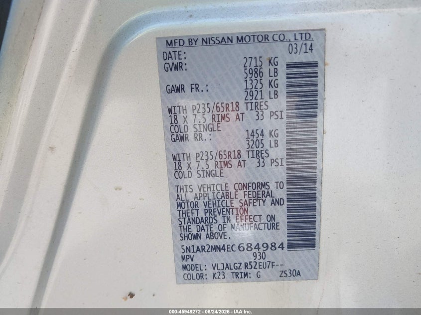 NISSAN PATHFINDER 2014 VIN 5N1AR2MN4EC684984