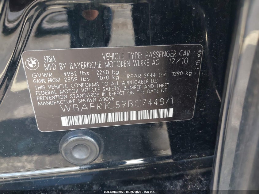 2011 BMW 5ER SEDAN 3.0L I-6 DOHC, VVT, 240HP