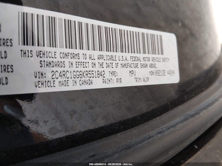 CHRYSLER PACIFICA 2019 VIN 2C4RC1GG6KR551842