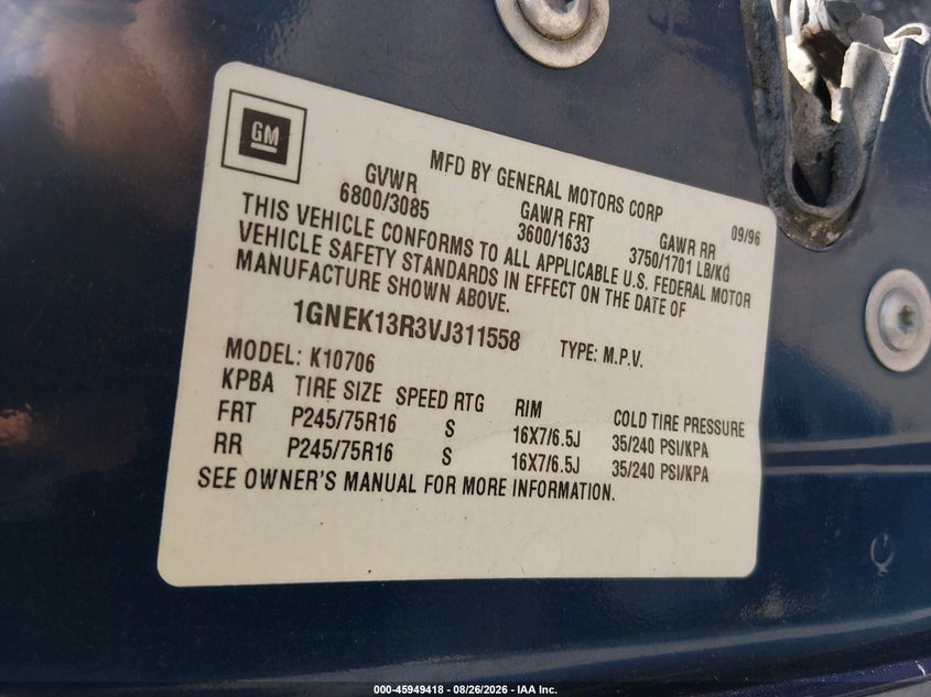 CHEVROLET TAHOE 1997 VIN 1GNEK13R3VJ311558