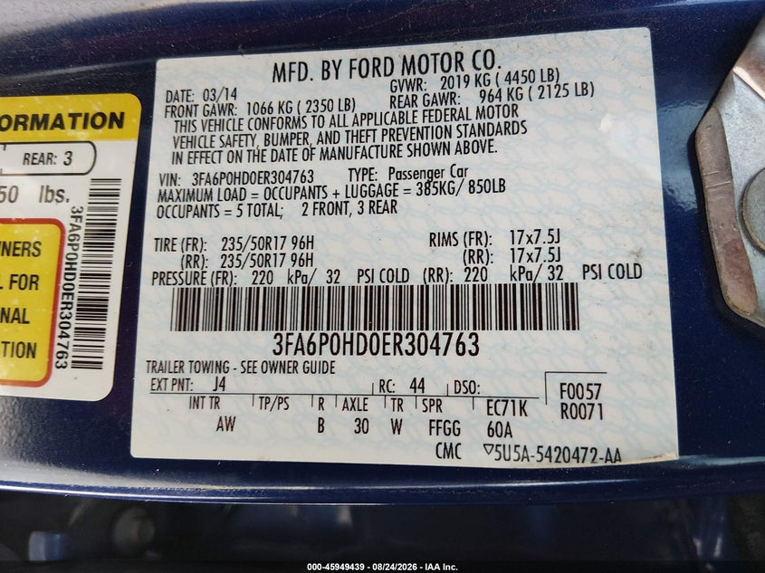 2014 FORD FUSION SEDAN 1.5L I4 FI DOHC 16V NF4