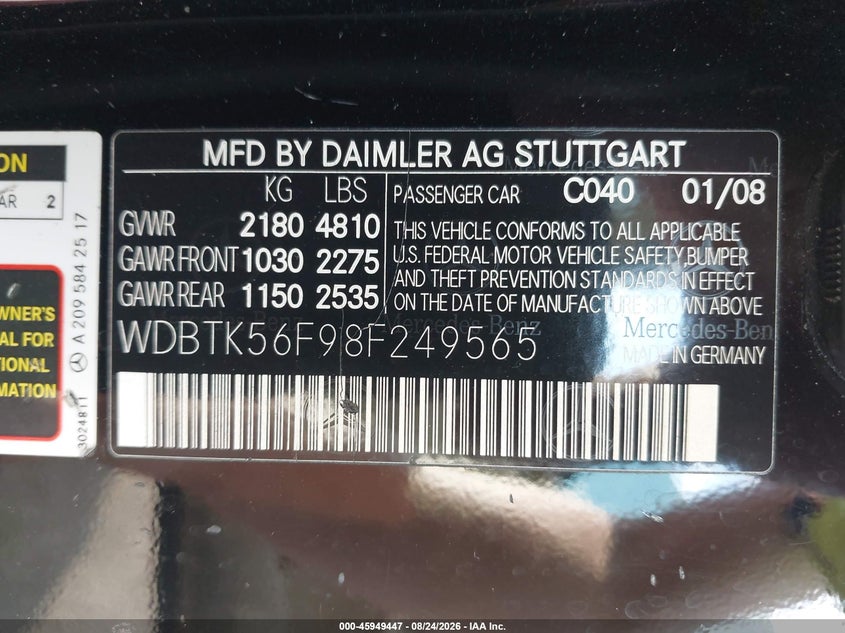 MERCEDES-BENZ CLK 350 2008 VIN WDBTK56F98F249565