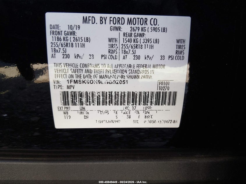 FORD EXPLORER 2020 VIN 1FMSK8DH9LGB02051