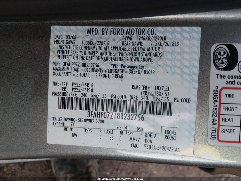 FORD FUSION 2008 VIN 3FAHP07Z18R232756