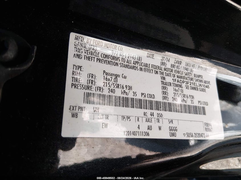 FORD FOCUS 2014 VIN 1FADP3F21EL361045
