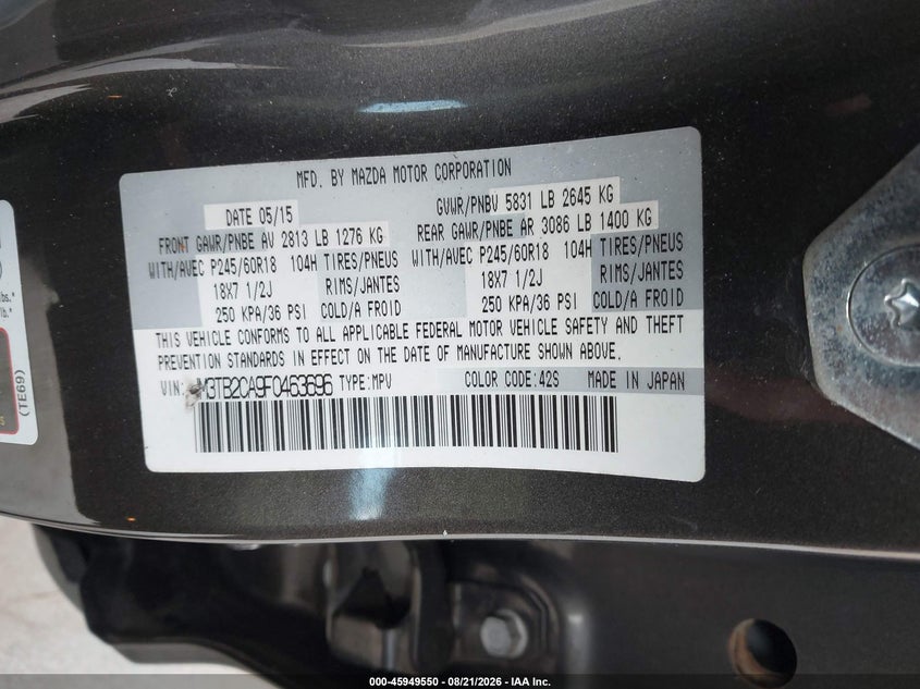 MAZDA CX-9 2015 VIN JM3TB2CA9F0463696