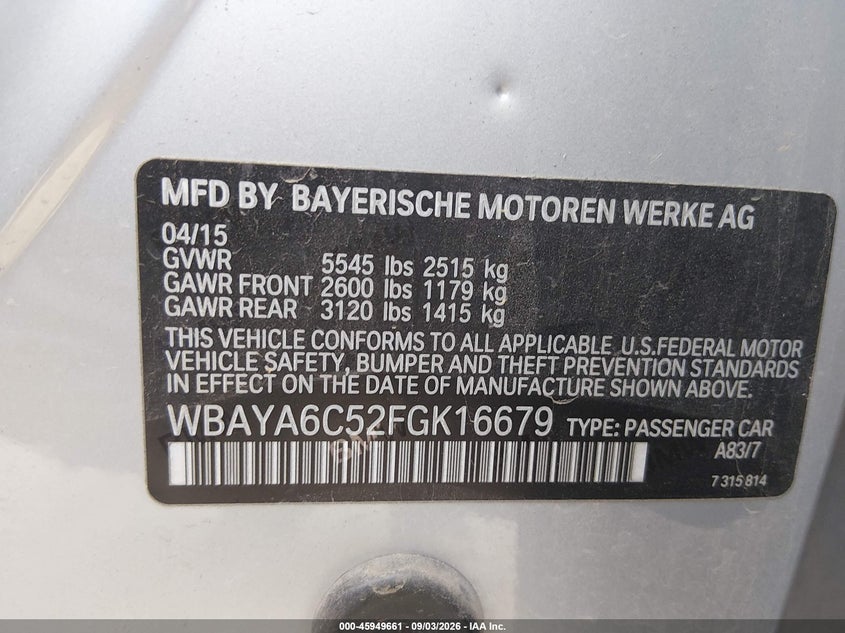BMW 740I 2015 VIN WBAYA6C52FGK16679