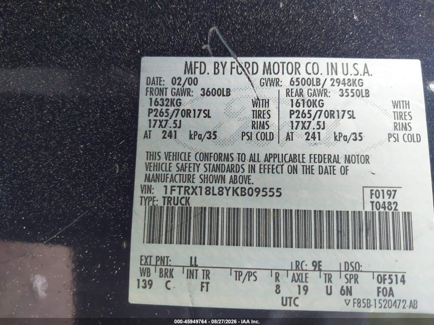 2000 FORD F-150 PICKUP 5.4L V8 FI SOHC 16V F2