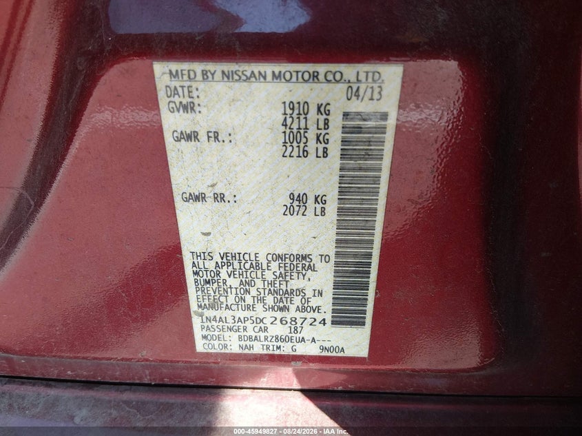 NISSAN ALTIMA 2013 VIN 1N4AL3AP5DC268724