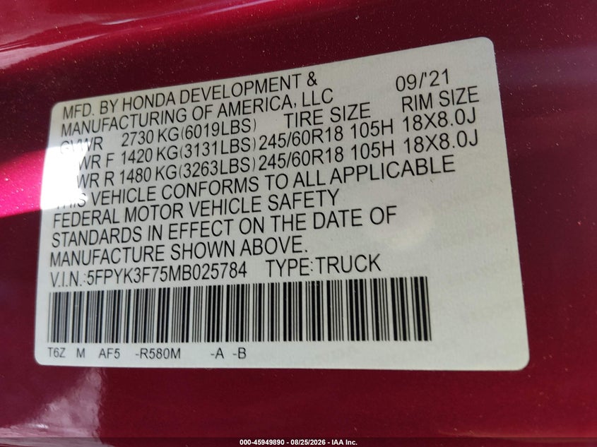 HONDA RIDGELINE 2021 VIN 5FPYK3F75MB025784