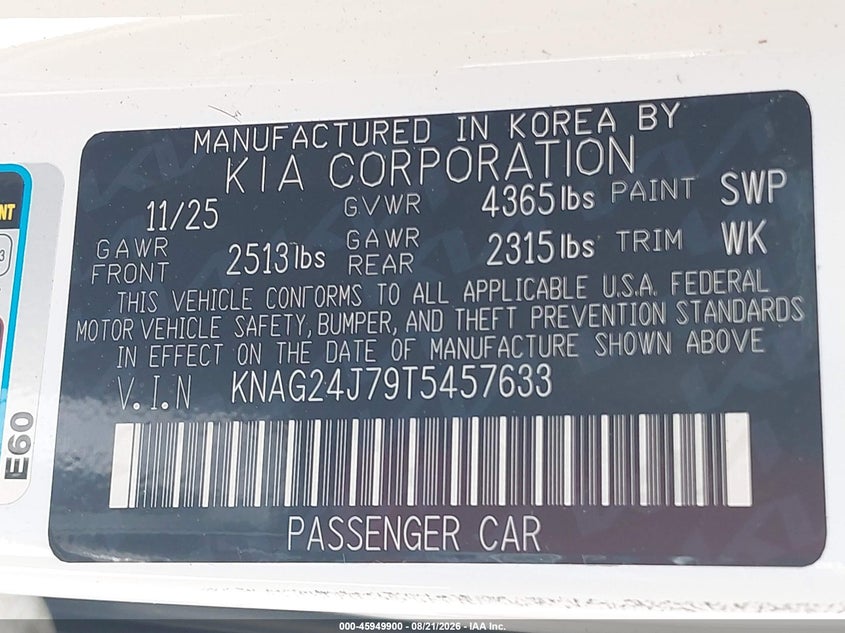 2026 KIA K5 SEDAN 2.5L I-4 DI, DOHC, VVT, 191HP