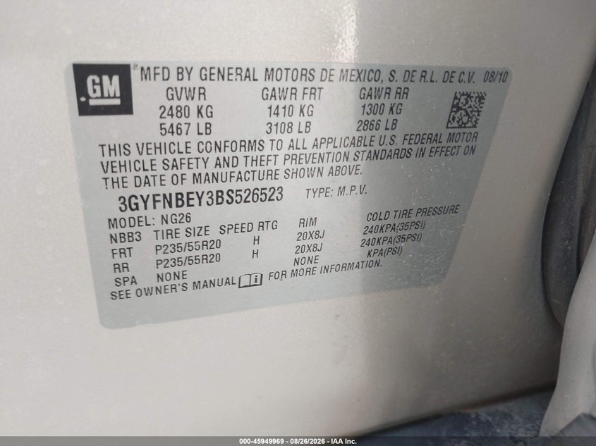 CADILLAC SRX 2011 VIN 3GYFNBEY3BS526523