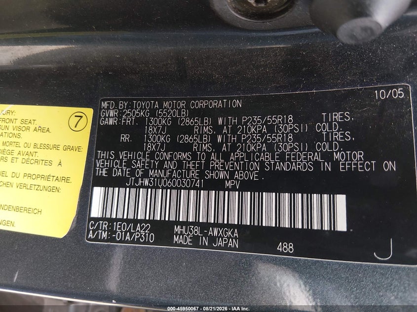 LEXUS RX 400H 2006 VIN JTJHW31U060030741
