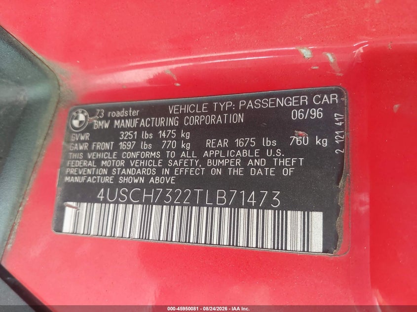 BMW Z3 1996 VIN 4USCH7322TLB71473