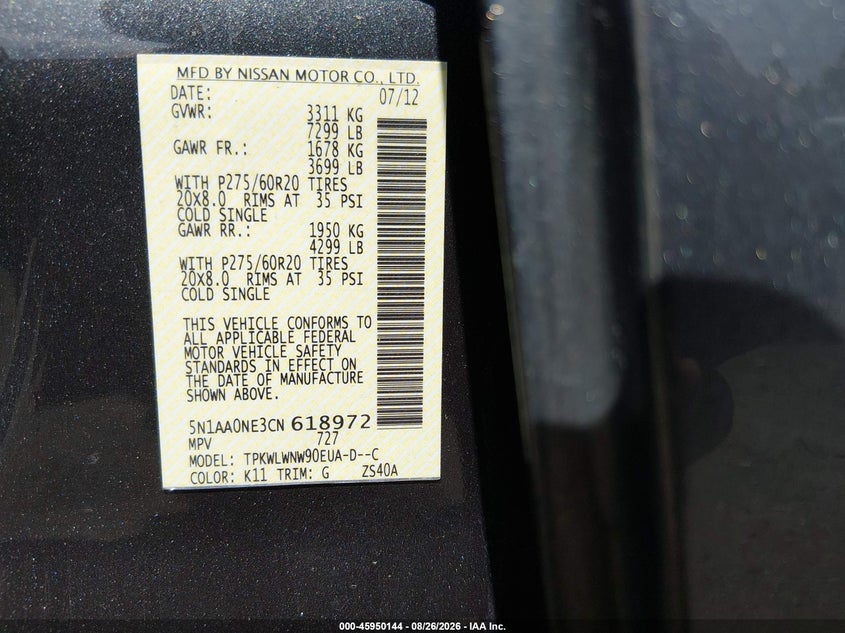 NISSAN ARMADA 2012 VIN 5N1AA0NE3CN618972