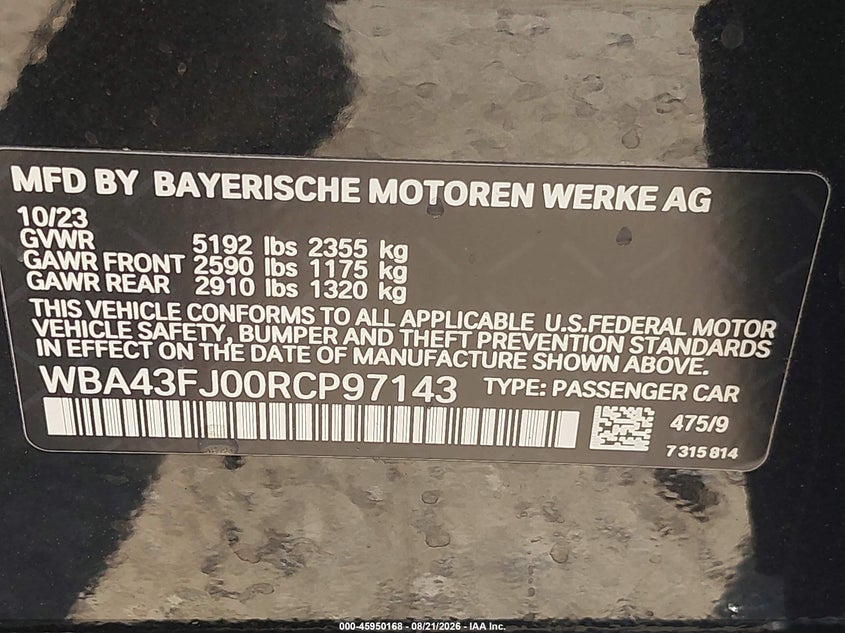 BMW 530I 2024 VIN WBA43FJ00RCP97143