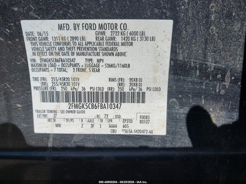 FORD FLEX 2015 VIN 2FMGK5C86FBA10347
