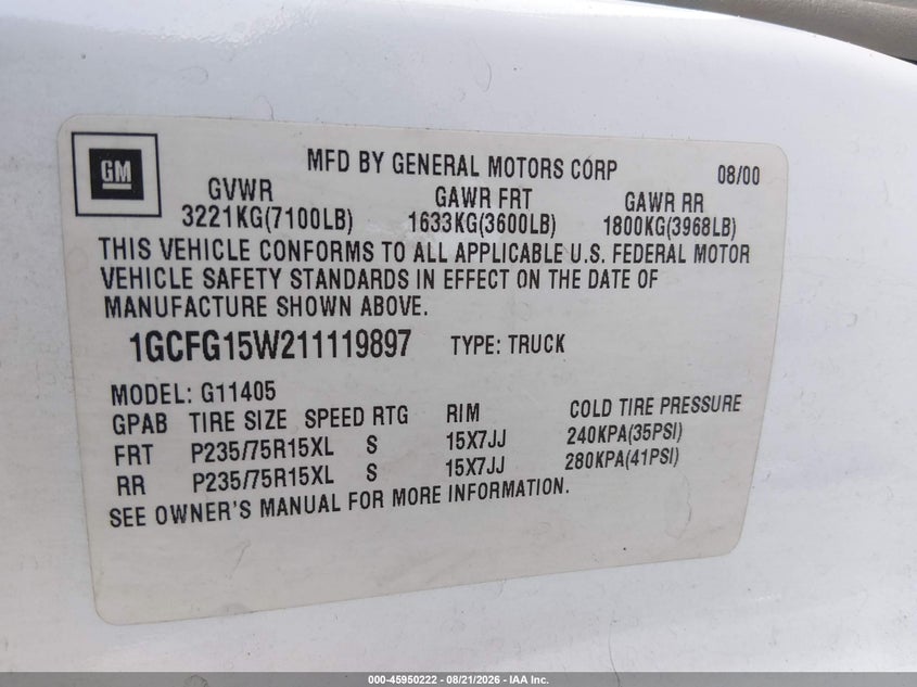 CHEVROLET EXPRESS 2001 VIN 1GCFG15W211119897