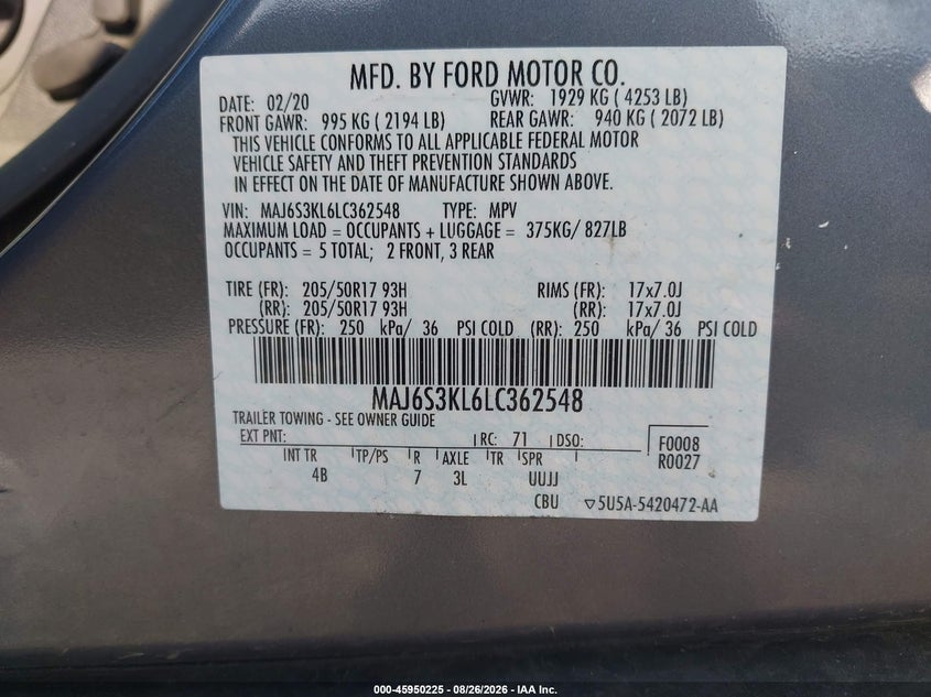 FORD ECOSPORT 2020 VIN MAJ6S3KL6LC362548