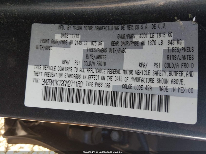 MAZDA MAZDA3 2016 VIN 3MZBM1K72GM271160