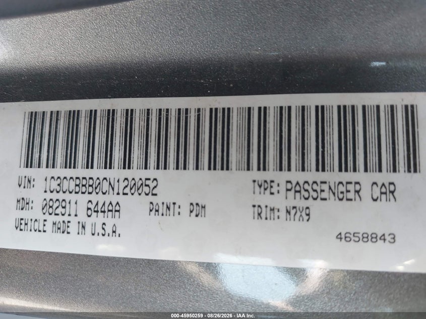 CHRYSLER 200 2012 VIN 1C3CCBBB0CN120052