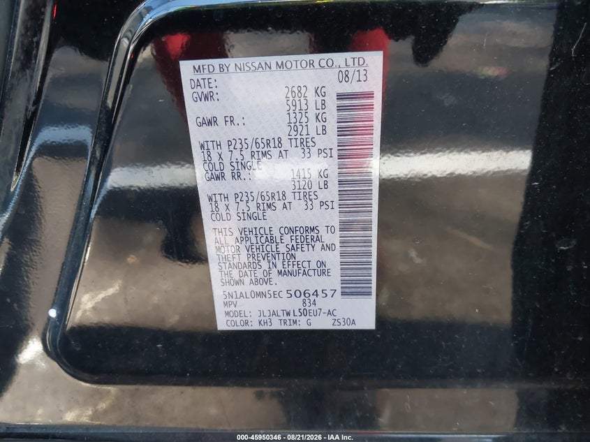 INFINITI QX60 2014 VIN 5N1AL0MN5EC506457