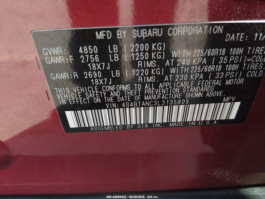 SUBARU OUTBACK 2020 VIN 4S4BTANC3L3135805