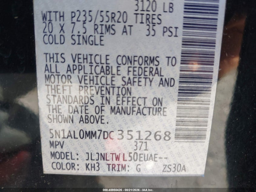 INFINITI JX35 2013 VIN 5N1AL0MM7DC351268