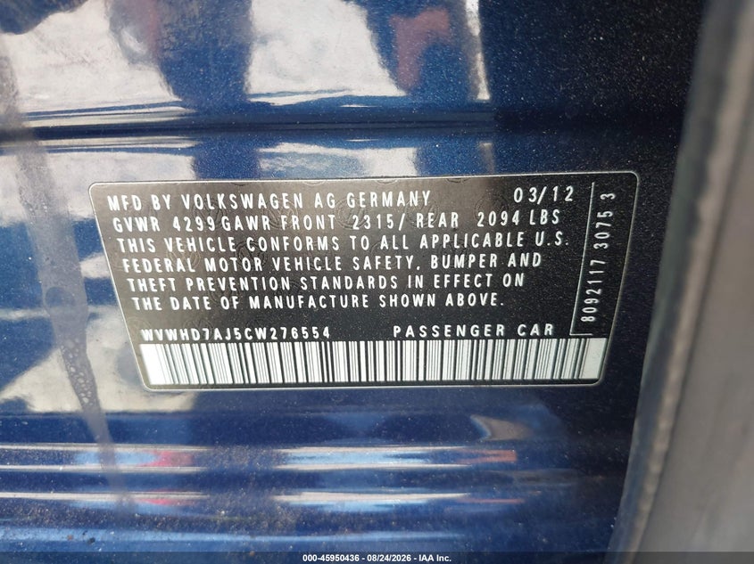 VOLKSWAGEN GTI 2012 VIN WVWHD7AJ5CW276554