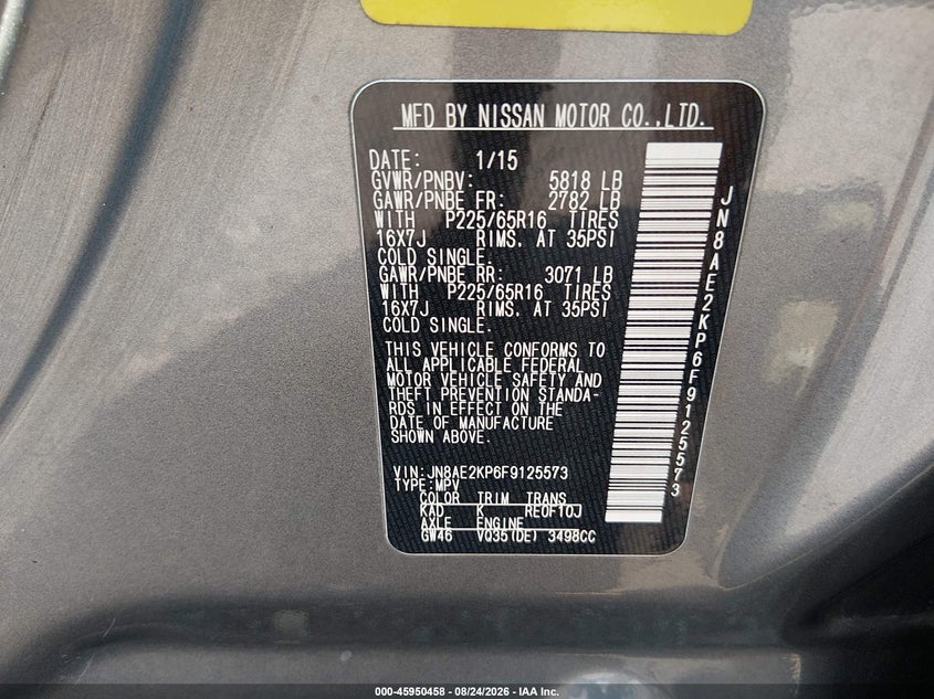 2015 NISSAN QUEST VAN 3.5L V-6 DOHC, VVT, REGULAR , 260HP