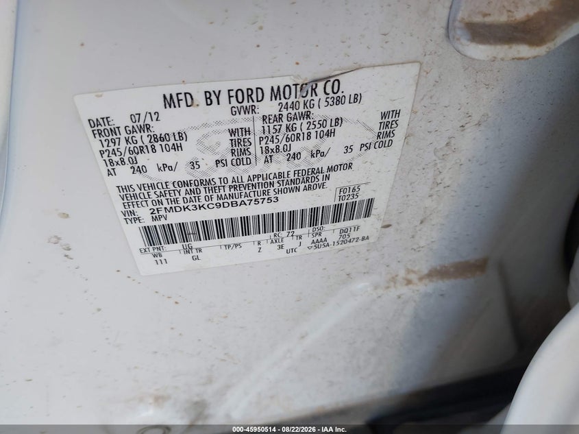 FORD EDGE 2013 VIN 2FMDK3KC9DBA75753