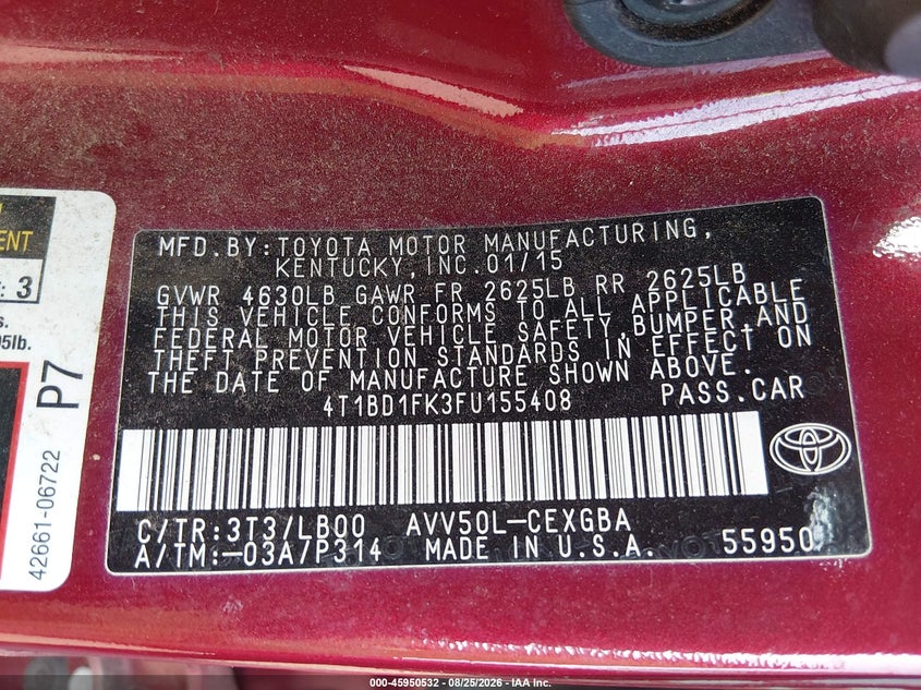 TOYOTA CAMRY HYBRID 2015 VIN 4T1BD1FK3FU155408