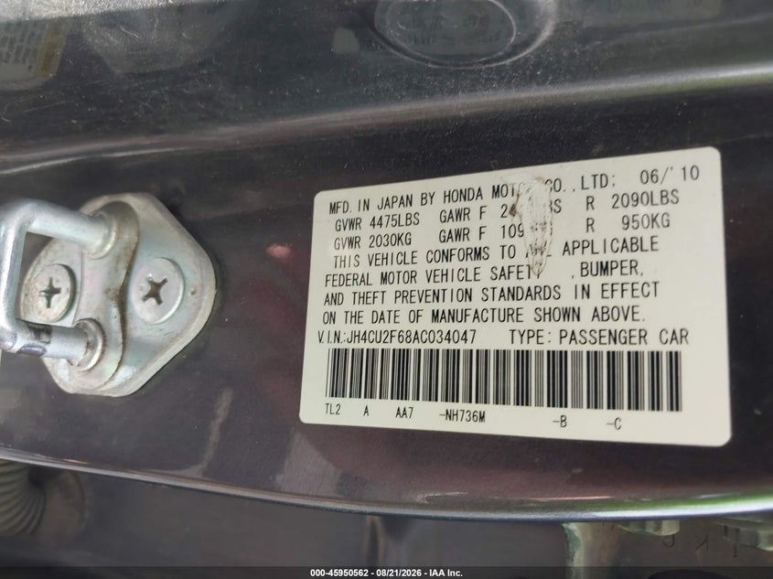 ACURA TSX 2010 VIN JH4CU2F68AC034047