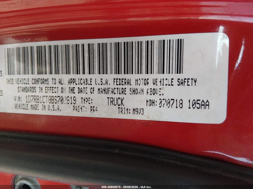 RAM RAM 1500 2011 VIN 1D7RB1CT8BS702819