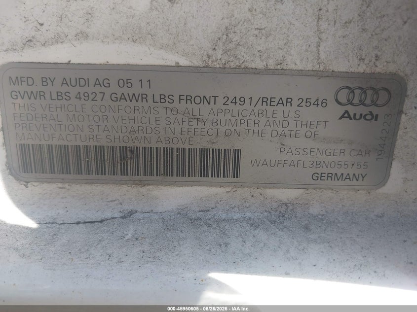 AUDI A4 2011 VIN WAUFFAFL3BN055755