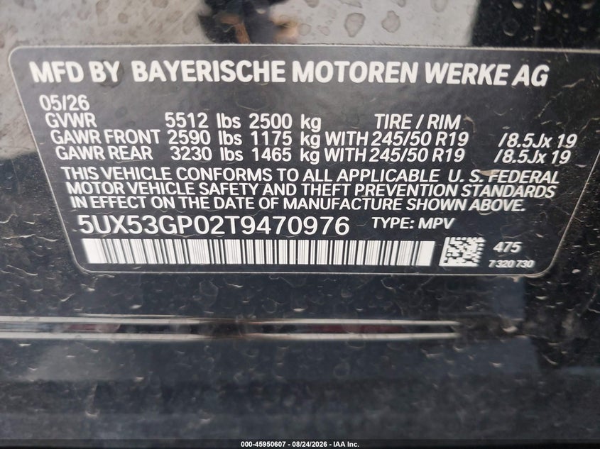 BMW X3 2026 VIN 5UX53GP02T9470976