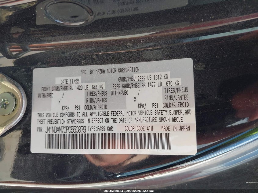 MAZDA MX-5 MIATA RF 2023 VIN JM1NDAM70P0550879