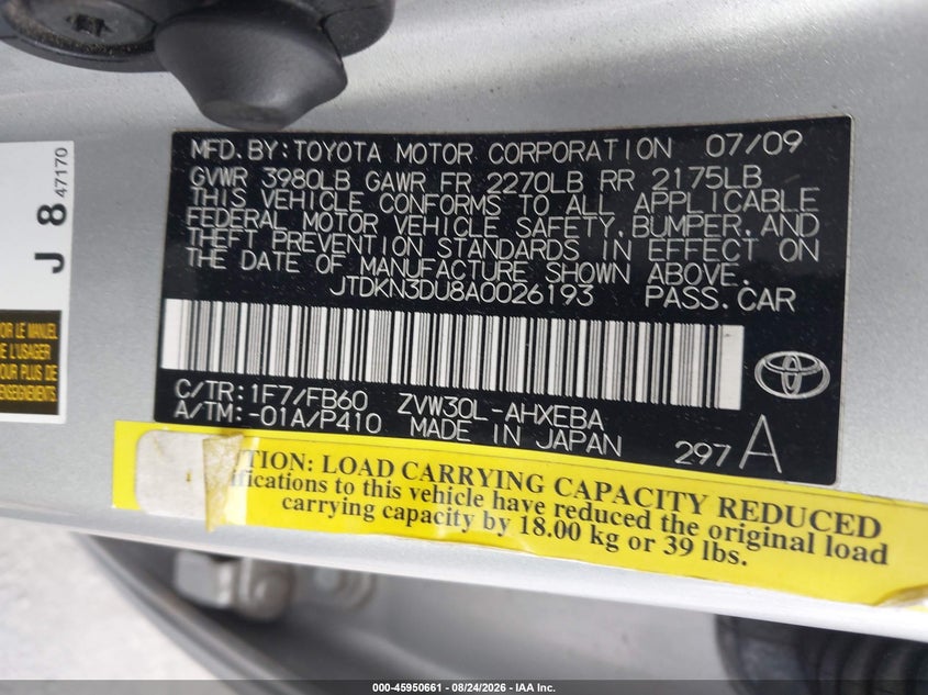 TOYOTA PRIUS 2010 VIN JTDKN3DU8A0026193