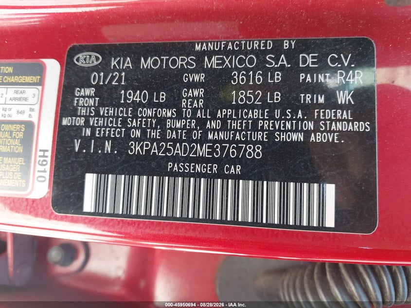 KIA RIO 5-DOOR 2021 VIN 3KPA25AD2ME376788