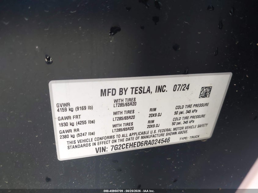 TESLA CYBERTRUCK 2024 VIN 7G2CEHED6RA024546