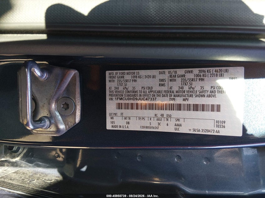 FORD ESCAPE 2018 VIN 1FMCU0HD9JUC47337