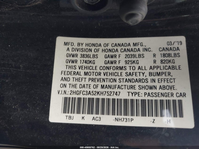 HONDA CIVIC SI 2019 VIN 2HGFC3A52KH752747